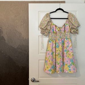 💖 For Love and Lemons Pink Floral Puff Sleeve Dress Size Large L 💖